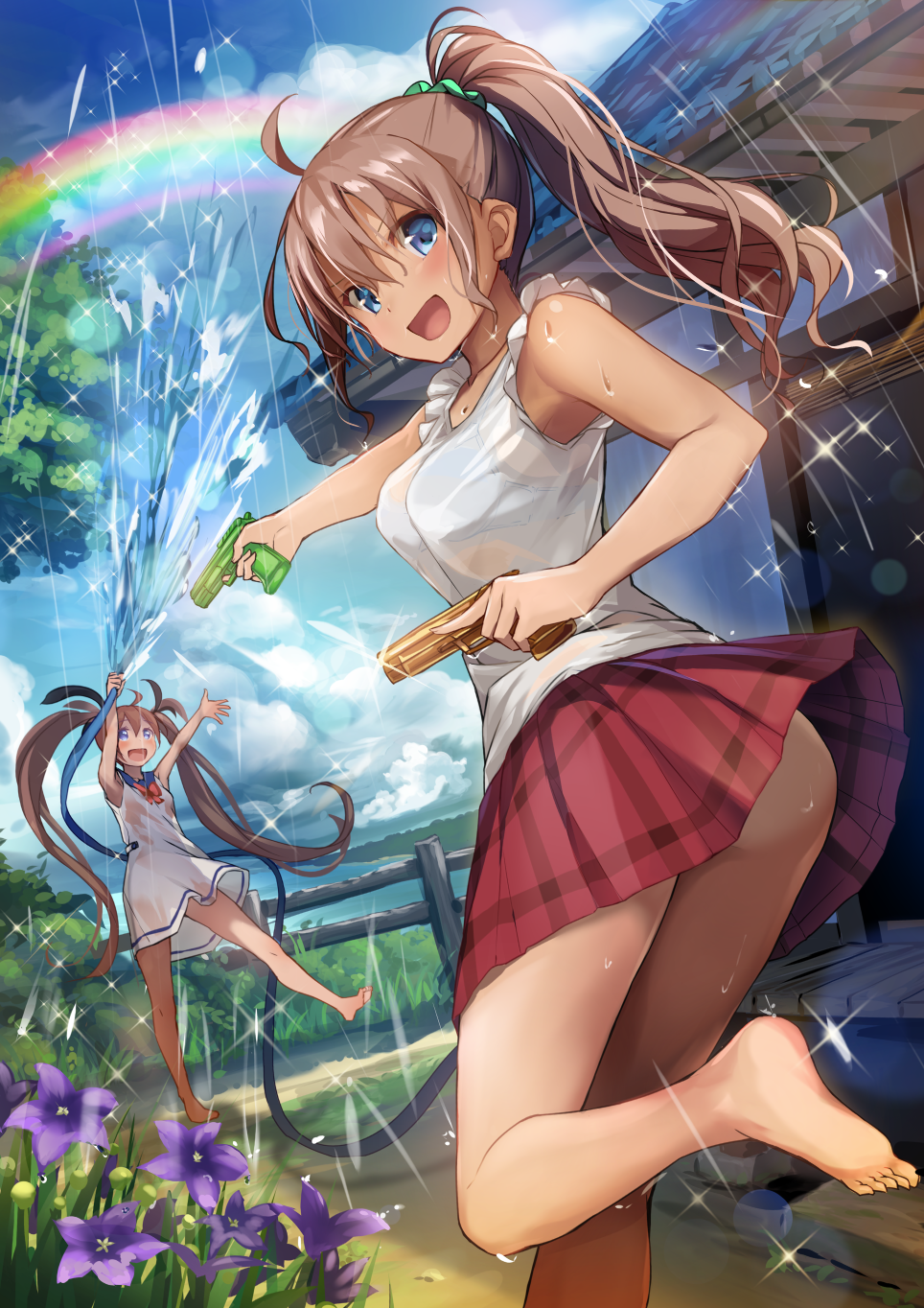 2girls, :d, ahoge, ass, bare_arms, bare_legs, bare_shoulders, barefoot