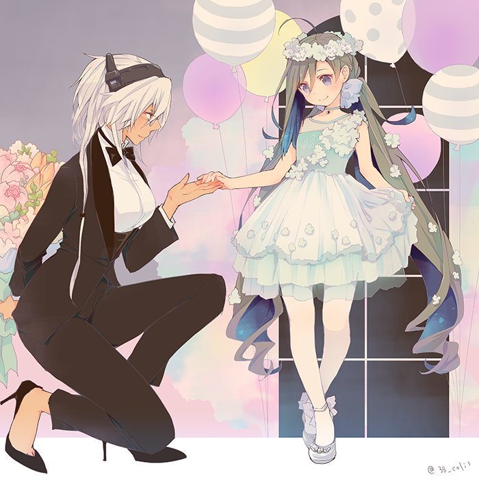 2girls, ahoge, alternate_costume, balloon, black_footwear, blue_dress, breasts, choker