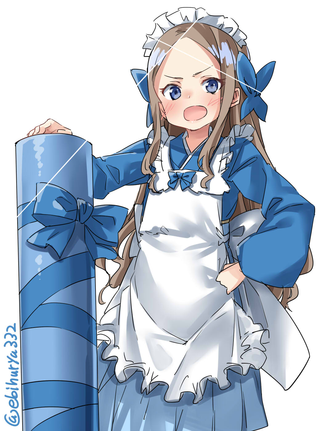 1girl, apron, asakaze_(kantai_collection), blue_bow, blue_eyes, blue_hakama, blue_kimono, bow