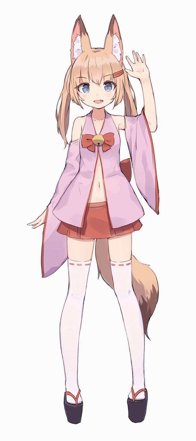 1girl, :d, animal_ears, arm_at_side, arm_up, bangs, bare_shoulders, bell