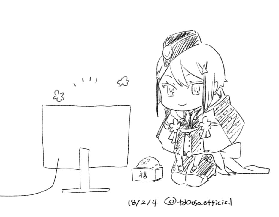 1boy, chibi, computer, dated, garrison_cap, greyscale, hat, hyuuga_masamune