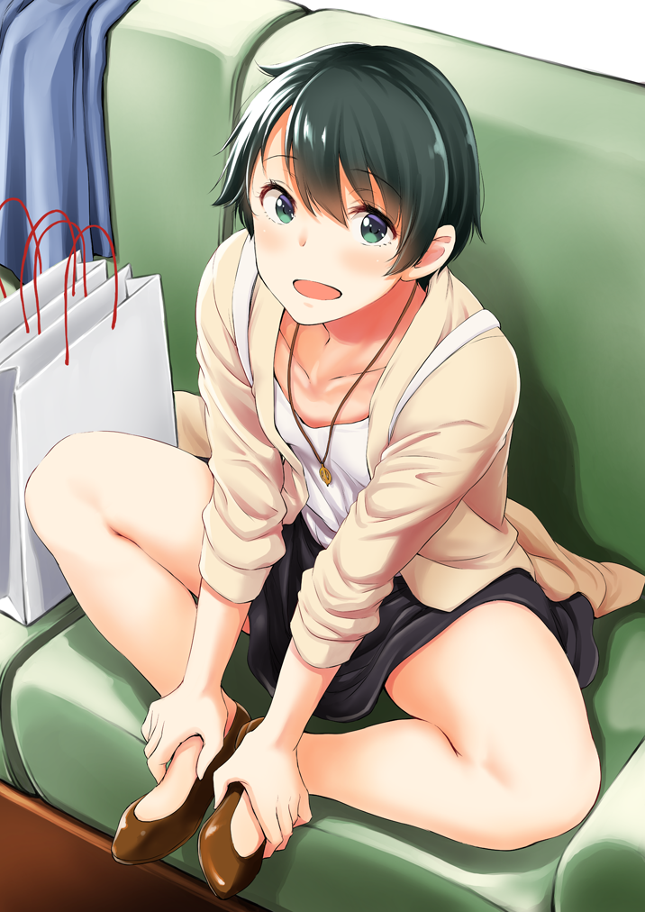 1girl, :d, bag, bangs, bare_legs, black_skirt, blazer, blush