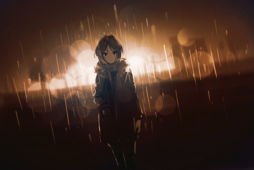 1girl, backlighting, bangs, blurry, bokeh, coat, commentary_request, cowboy_shot