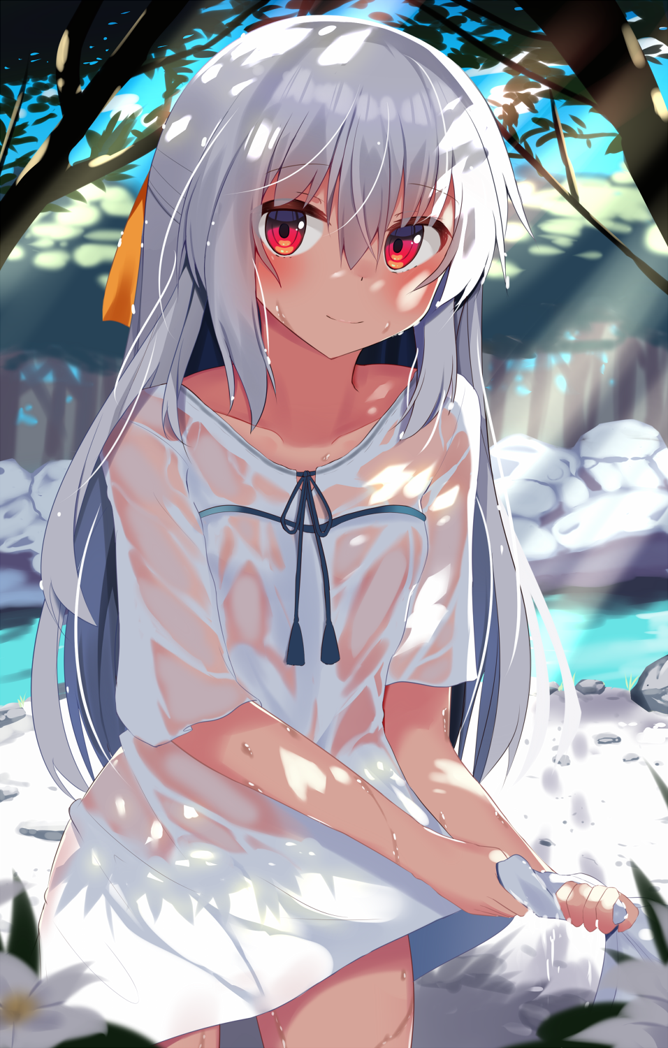 1girl, bangs, blue_ribbon, blurry, blush, closed_mouth, collarbone, cowboy_shot