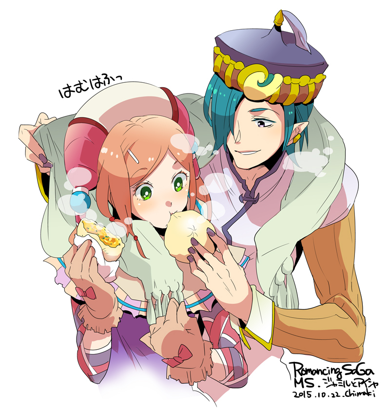 1boy, 1girl, aisha_(saga), chimaki_(impressiveanarchy), commentary_request, eyebrows_visible_through_hair, green_eyes, hat, jamil_(romancing_saga), long_hair, open_mouth, orange_hair, romancing_saga_minstrel_song, saga, short_hair, smile