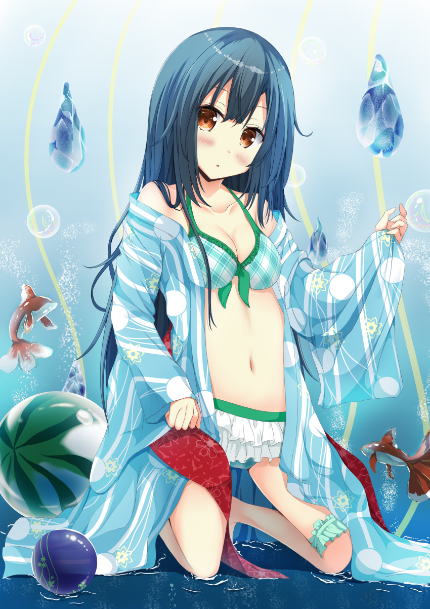 1girl, :o, absurdres, animal, bangs, bare_shoulders, bikini, bikini_under_clothes, black_hair, blue_bikini, blue_kimono, blush, breasts, brown_eyes, cleavage, collarbone, commentary_request, eyebrows_visible_through_hair, fingernails, fish, fish_request, food, frilled_bikini, frills, fruit, hair_between_eyes, highres, ice, japanese_clothes, kimono, kneeling, long_hair, long_sleeves, medium_breasts, moe2018, navel, obi, off_shoulder, open_clothes, open_kimono, original, parted_lips, pinching_sleeves, plaid, plaid_bikini, print_kimono, sash, solo, swimsuit, tsuyukina_fuzuki, underwater, very_long_hair, water, watermelon, wide_sleeves