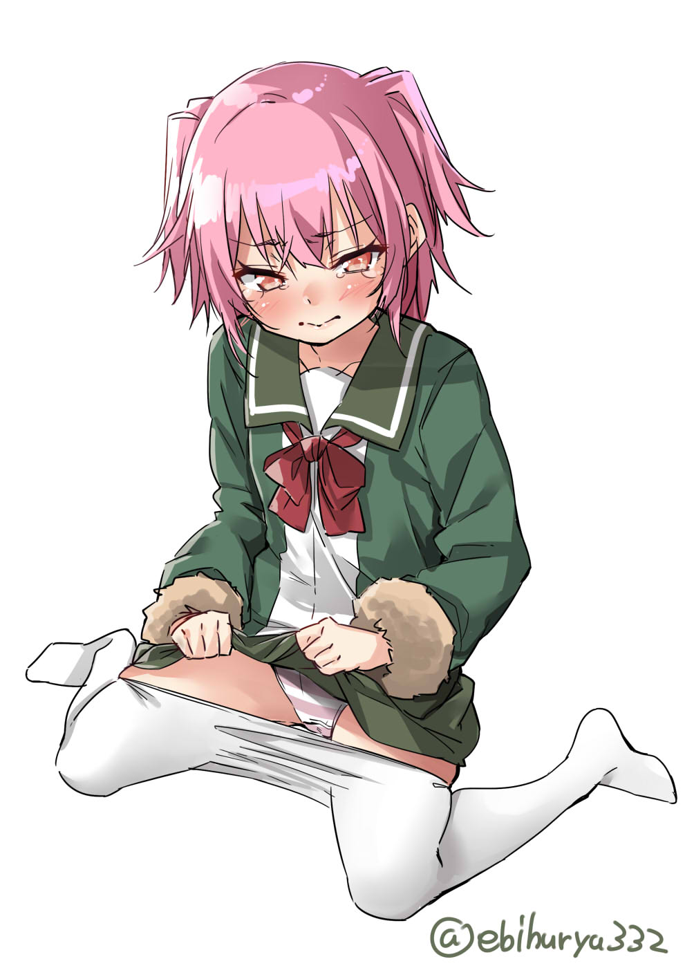 1girl, ebifurya, fur-trimmed_sleeves, fur_trim, green_jacket, green_skirt, hair_between_eyes, highres