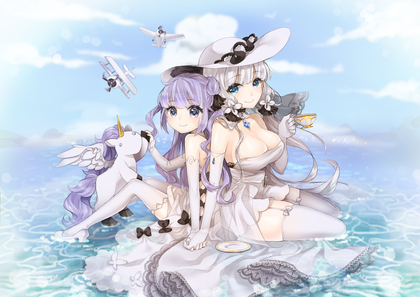2girls, ahoge, aircraft, airplane, alicorn, animal, azur_lane, biplane
