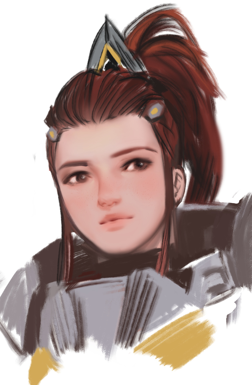 1girl, armor, brigitte_lindholm, brown_eyes, brown_hair, face, highres, jang_ju_hyeon