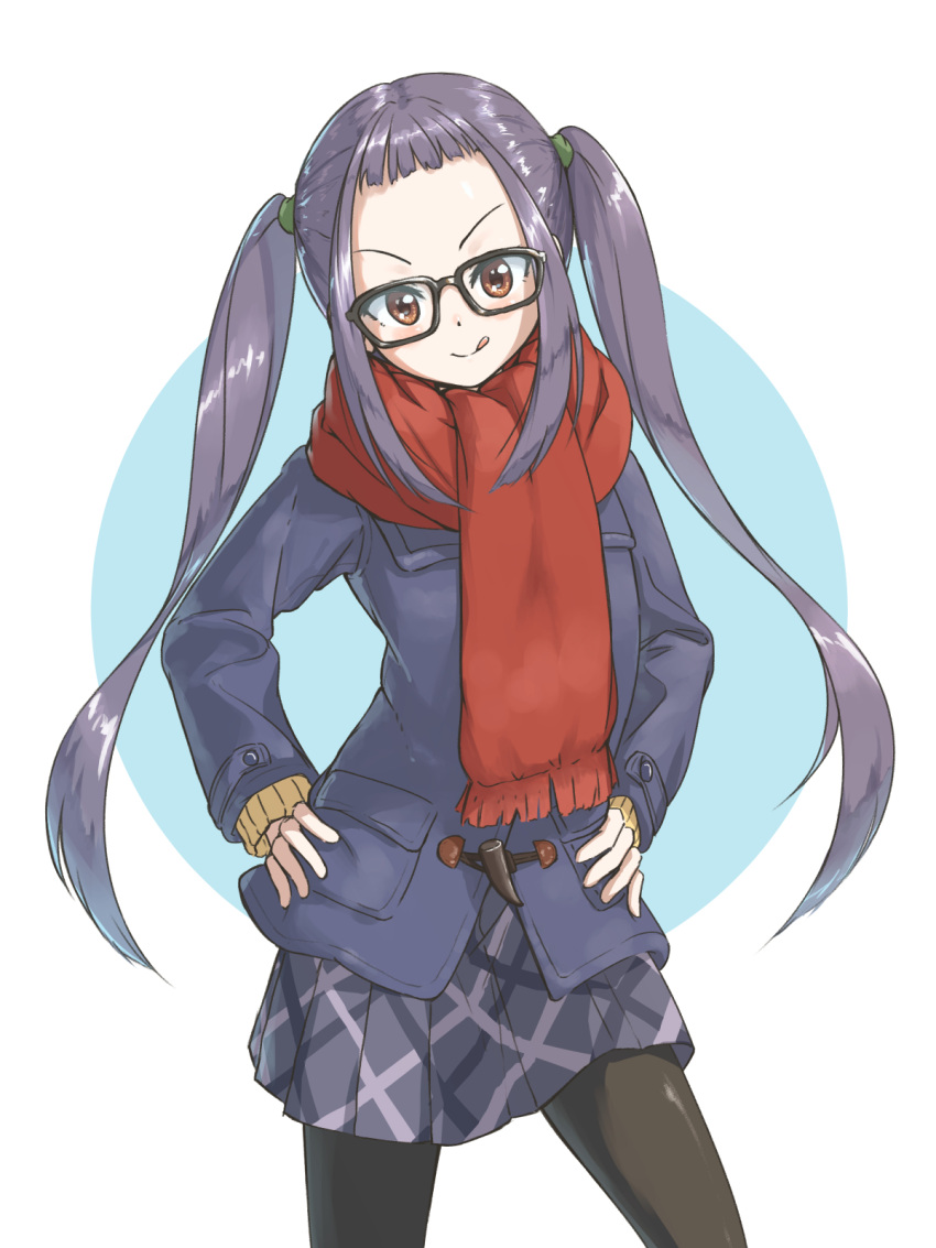 1girl, :q, akatsuki_no_akatsuki, black-framed_eyewear, black_legwear, black_skirt, blue_coat, blush