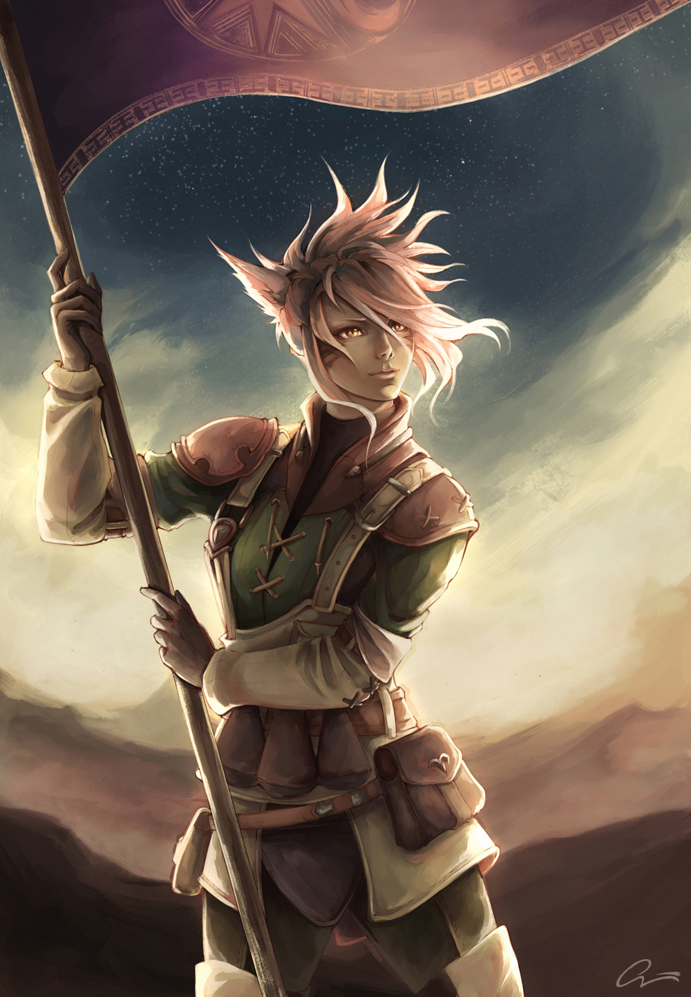 1girl, animal_ears, brown_eyes, cat_ears, cat_tail, closed_mouth, commentary, facial_mark, final_fantasy, final_fantasy_xiv, flag, gloves, highres, holding, holding_flag, m'naago, onyrica, outdoors, pink_hair, short_hair, signature, solo, standing, tail, uniform, wind