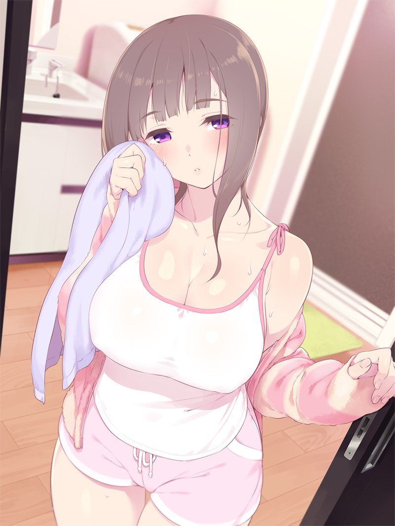 1girl, after_bath, bangs, bathroom, blush, breasts, brown_hair, collarbone, commentary_request, drying, eyebrows_visible_through_hair, indoors, large_breasts, long_sleeves, lunch_(lunch3), off_shoulder, original, parted_lips, short_shorts, shorts, solo, standing, tank_top, thigh_gap, towel, violet_eyes, wet
