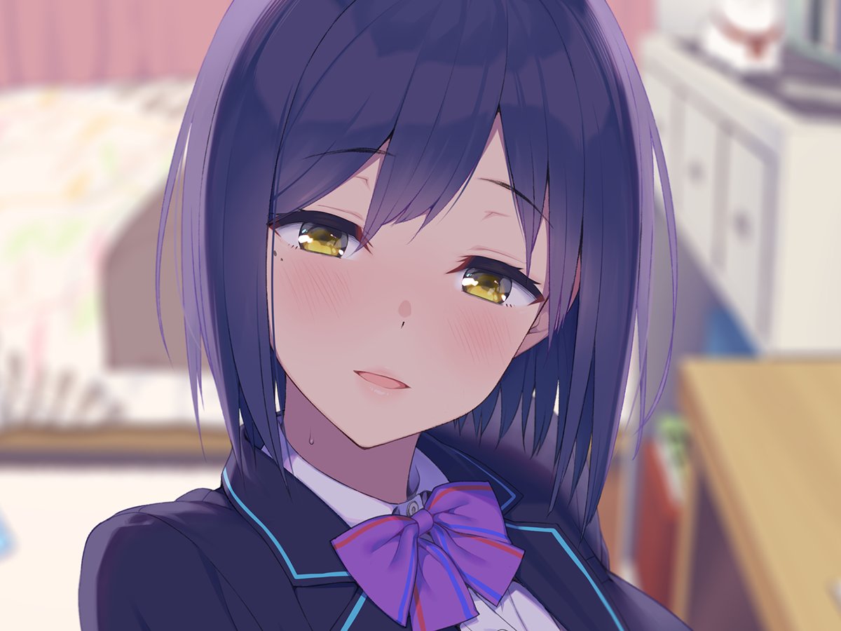 1girl, bed, bedroom, blazer, blush, bow, bowtie, breasts