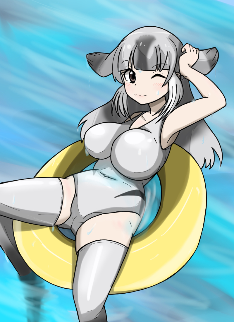 bangs, bare_arms, bare_shoulders, bearded_seal_(kemono_friends), blush, eyebrows_visible_through_hair, fins, grey_hair, innertube, kemono_friends, long_hair, multicolored_hair, one-piece_swimsuit, one_eye_closed, swimsuit, thigh-highs, user_rrrm2784, water_drop