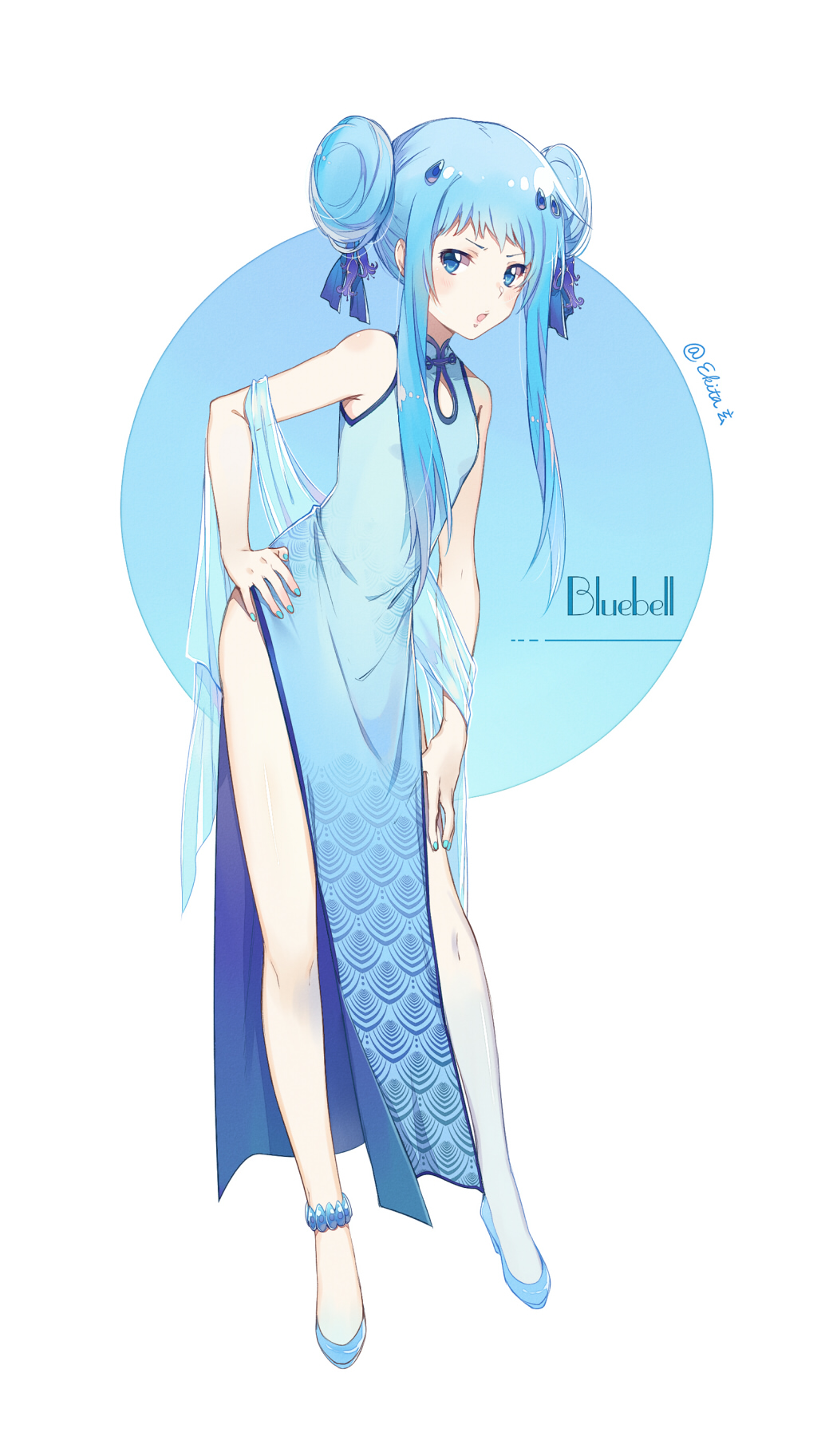 1girl, bangs, blue_dress, blue_eyes, blue_footwear, blue_hair, blue_ribbon, bluebell