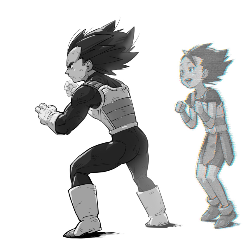 2boys, :d, armor, black_eyes, black_hair, boots, bracelet, clenched_hands, dirty, dirty_face, dragon_ball, dragon_ball_super, dragonball_z, expressionless, fighting_stance, frown, gloves, happy, highres, jewelry, kyabe, looking_at_another, looking_away, male_focus, monochrome, multiple_boys, open_mouth, serious, short_hair, simple_background, smile, spiky_hair, supobi, vegeta, white_background