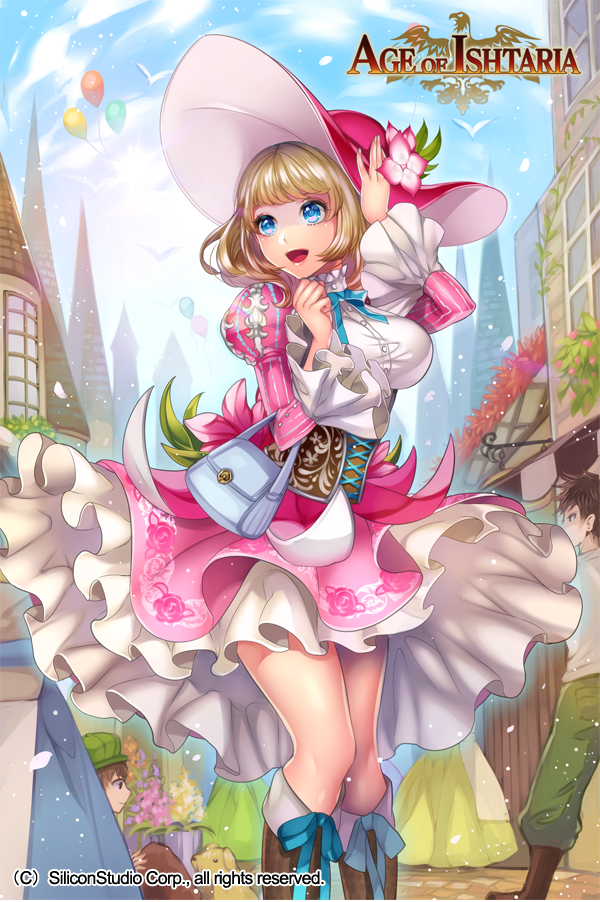 1girl, age_of_ishtaria, balloon, blonde_hair, blue_eyes, boots, bow, bowtie