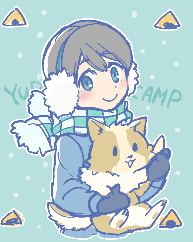 black_hair, blush, checkered, checkered_scarf, chikuwa_(yurucamp), commentary_request, copyright_name, dog, earmuffs, gloves, green_background, holding_dog, jacket, looking_at_viewer, obi_chang, saitou_ena, scarf, short_hair, sketch, smile, winter_clothes, yurucamp