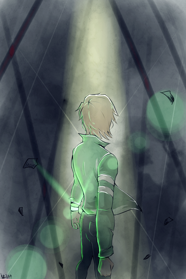 1boy, back, ben_10, ben_10:_ultimate_alien, benjamin_kirby_tennyson, brown_hair, glowing, green_jacket
