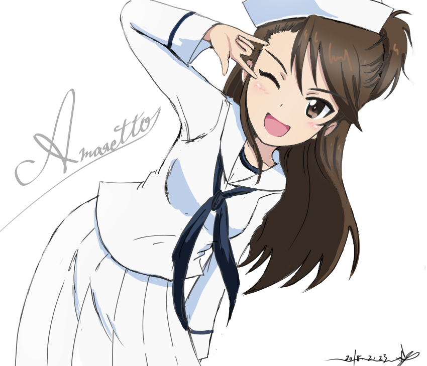 1girl, ;d, \n/, alternate_costume, amaretto_(girls_und_panzer), artist_name, asymmetrical_bangs, bangs