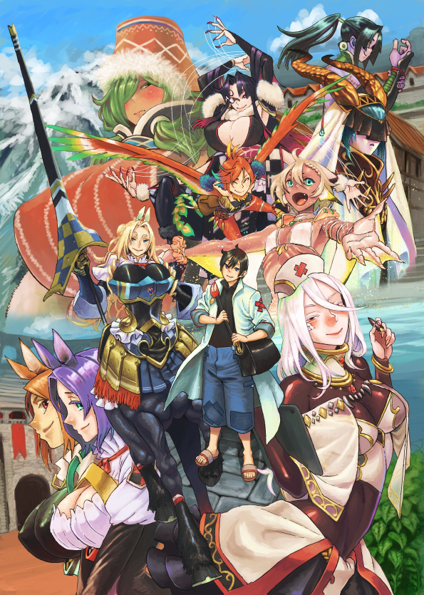 1boy, 6+girls, animal_ears, armor, bag, blonde_hair, breasts, centaur, character_request, cleavage, commentary_request, copyright_request, dark_skin, green_eyes, hair_between_eyes, hair_over_one_eye, harpy, holding, holding_weapon, horns, horse_ears, kanemaki_thomas, lance, large_breasts, long_coat, maid, monster_girl, multiple_girls, nurse, pink_hair, polearm, small_breasts, veil, weapon, webbed_hands