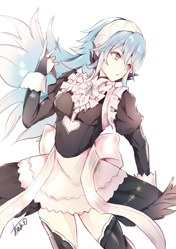 1girl, apron, atoatto, blue_hair, dress, elbow_gloves, fire_emblem, fire_emblem_if