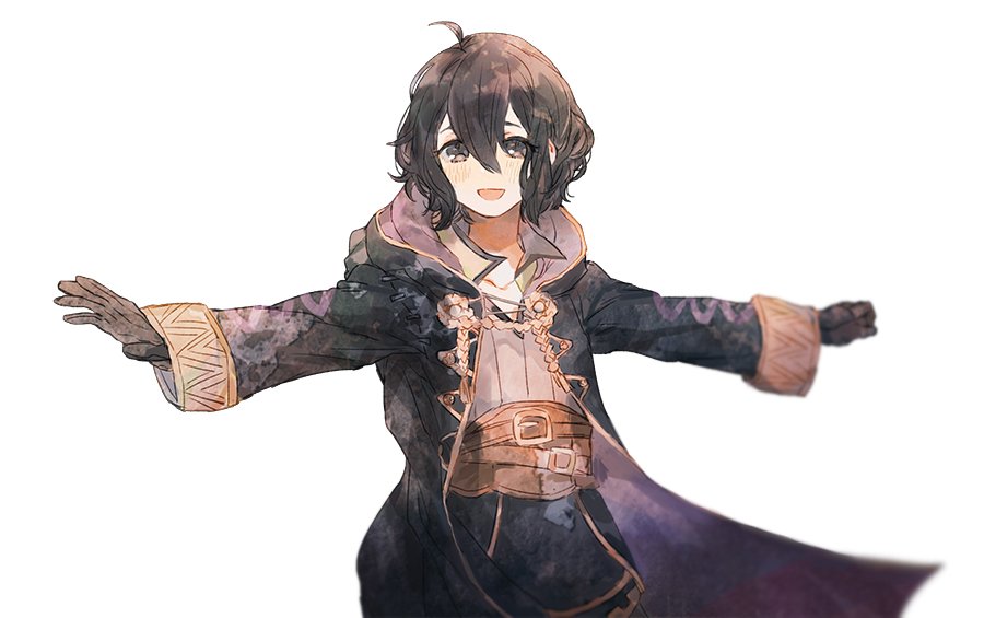 1girl, black_eyes, black_hair, brown_hair, cloak, curly_hair, fire_emblem, fire_emblem:_kakusei, gloves, looking_at_viewer, mark_(fire_emblem), shourou_kanna, simple_background, smile, solo, white_background
