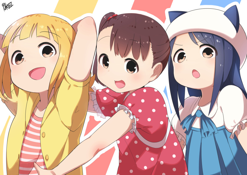 3girls, :d, absurdres, akamatsu_yui, arms_behind_head, blonde_hair, blue_hair, blue_ribbon