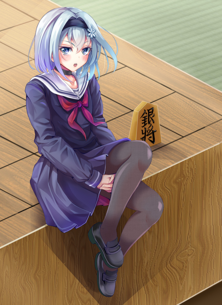 1girl, black_legwear, blue_eyes, blue_hair, blue_serafuku, blush, board_game, choker