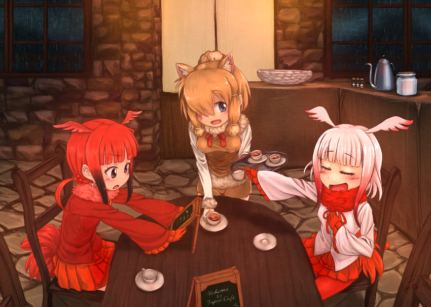 3girls, alpaca_ears, alpaca_suri_(kemono_friends), alpaca_tail, bangs, bird_tail, bird_wings, black_hair