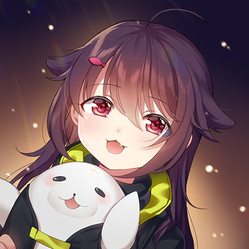 1girl, :3, :d, ahoge, animal, bangs, black_jacket, blush, brown_eyes, brown_hair, dutch_angle, eyebrows_visible_through_hair, fang, fish_hair_ornament, girls_frontline, hair_between_eyes, hair_flaps, hair_ornament, holding, holding_animal, jacket, looking_at_viewer, lowres, open_mouth, p226_(girls_frontline), philomelalilium, seal, smile, solo