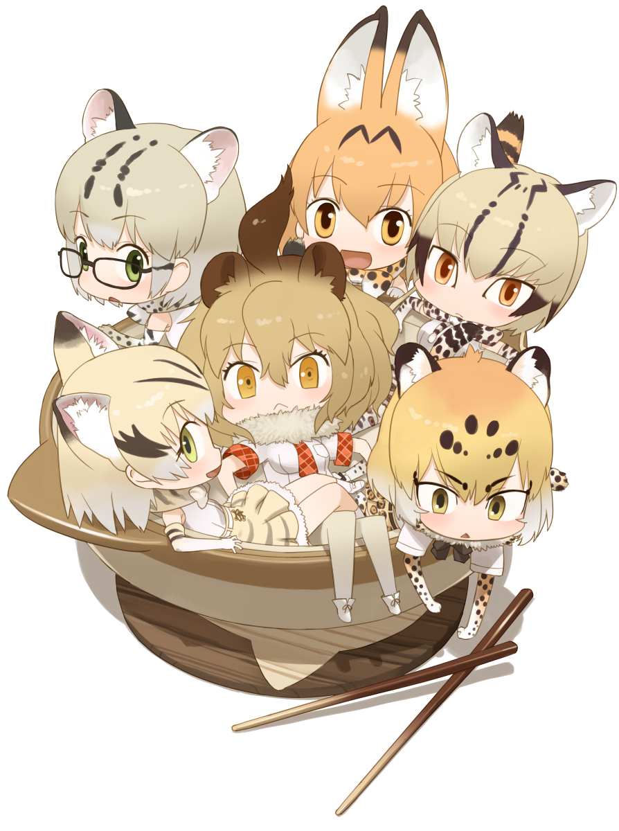 6+girls, animal_ears, animal_print, blonde_hair, blush, bow, bowl, bowtie