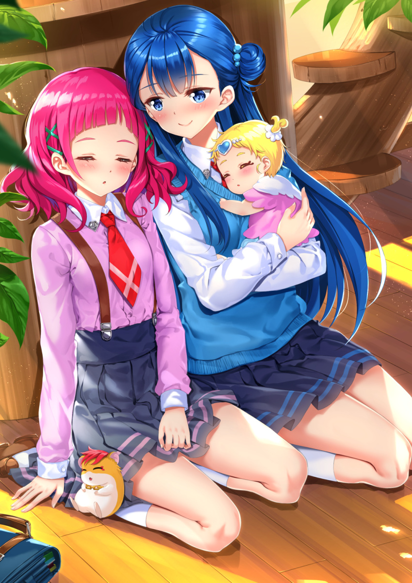 3girls, :o, baby, bag, bangs, black_skirt, blonde_hair, blush