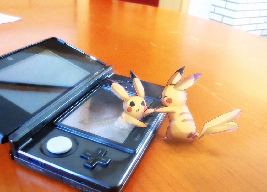 black_eyes, blush_stickers, closed_eyes, commentary, creature, handheld_game_console, midna01, nintendo_3ds