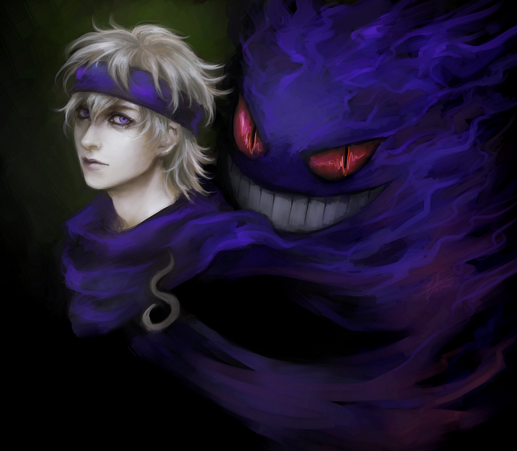 1boy, bandanna, closed_mouth, evil_smile, gengar, ghost, grey_hair, grin