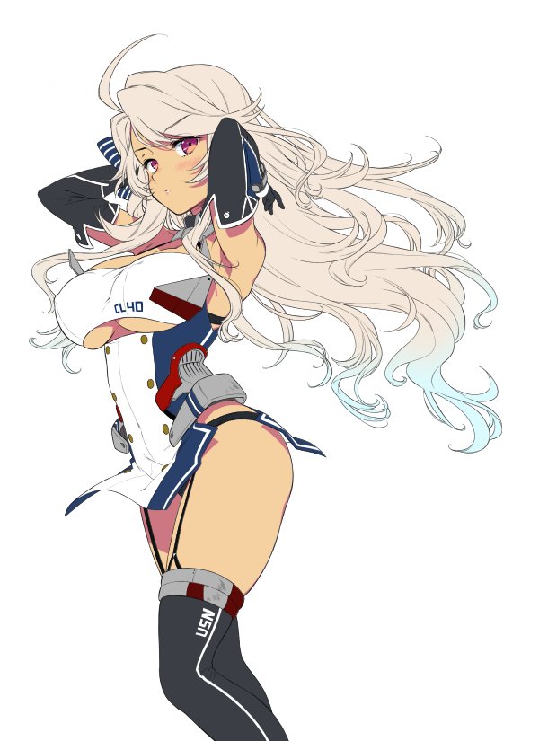 ahoge, arms_behind_head, azur_lane, bow, breasts, brooklyn_(azur_lane), collar, dark_skin, dress, elbow_gloves, garter_straps, gloves, hair_bow, large_breasts, panties, short_dress, thigh-highs, under_boob, underwear, violet_eyes, zekkyou_(h9s9)