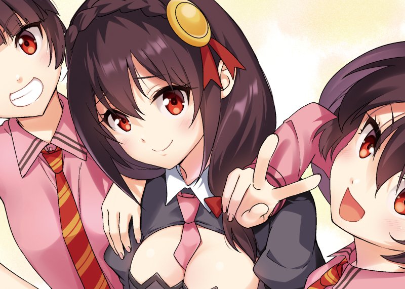 3girls, black_hair, blush, braid, breasts, dodonko_(konosuba), funifura, hair_ornament, kono_subarashii_sekai_ni_shukufuku_wo!, large_breasts, long_hair, looking_at_viewer, misu_kasumi, multiple_girls, necktie, open_mouth, red_eyes, smile, v, yunyun_(konosuba)