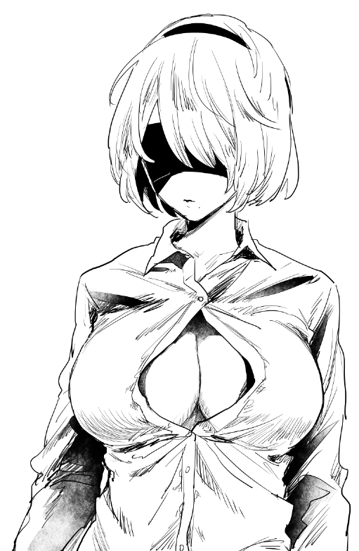 1girl, arms_at_sides, bangs, black_blindfold, black_hairband, blindfold, breasts, buttons, cleavage, collarbone, collared_shirt, covered_eyes, dress_shirt, hairband, large_breasts, long_sleeves, mellow_rag, mole, mole_under_mouth, monochrome, nier_(series), nier_automata, no_bra, shirt, short_hair, simple_background, solo, unbuttoned, unbuttoned_shirt, upper_body, white_background, white_shirt, wing_collar, yorha_no._2_type_b