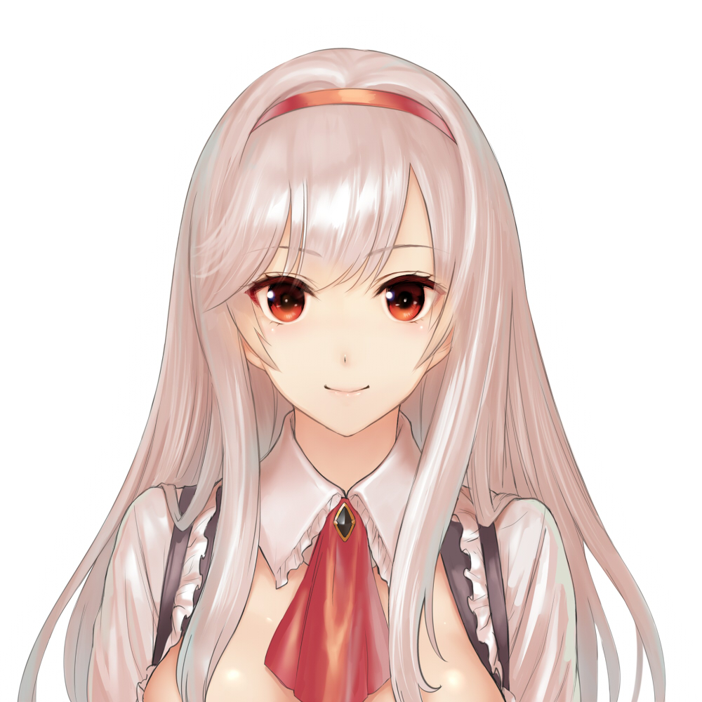 1girl, anna_(sennen_sensou_aigis), ascot, bangs, breasts, closed_mouth, detached_collar, eyebrows_visible_through_hair