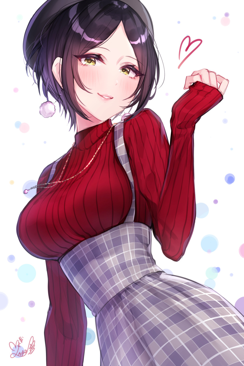 1girl, absurdres, bangs, beret, black_hair, blush, breasts, hat