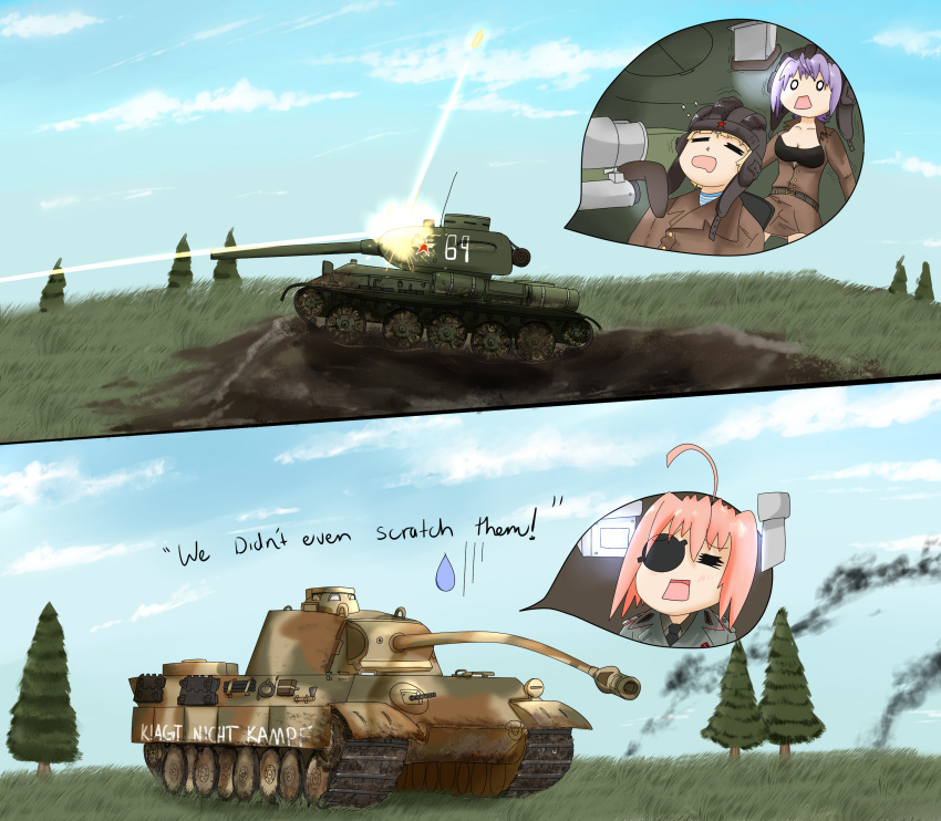 absurdres, bauer, borrowed_character, clouds, grass, ground_vehicle, highres, military