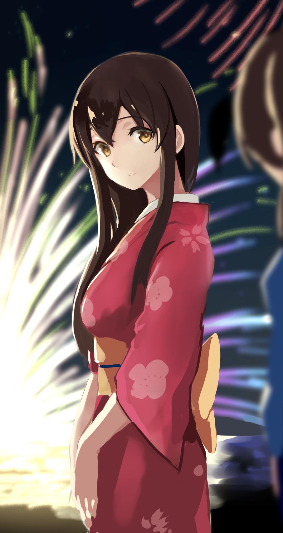 2girls, akagi_(kantai_collection), alternate_costume, blue_kimono, brown_eyes, brown_hair, cowboy_shot, firework_background