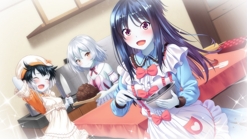 3girls, :d, aleister_air, alternate_costume, anna_tristos, apron, arm_behind_back, black_hair