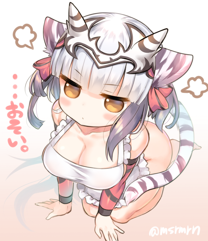 1girl, animal_ears, apron, arm_support, bangs, bare_shoulders, blunt_bangs, blush_stickers
