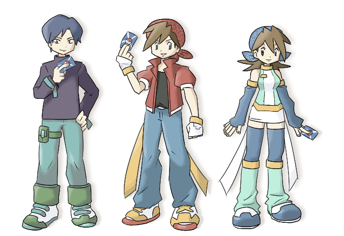 1girl, 2boys, commentary, commentary_request, mint_(pokemon), multiple_boys, osse, park_(pokemon), pokemon, pokemon_(game), pokemon_card, pokemon_card_gb, pokemon_trading_card_game, ryuudoo_(pokemon)