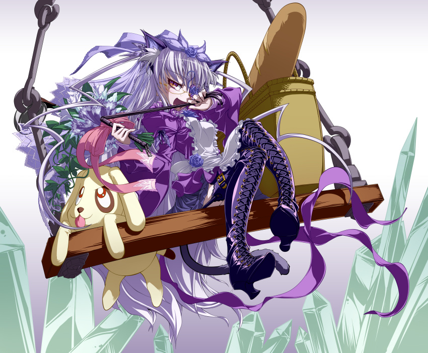 animal_ears, barasuishou, boots, cat_ears, cat_tail, crystal, dress, eyepatch