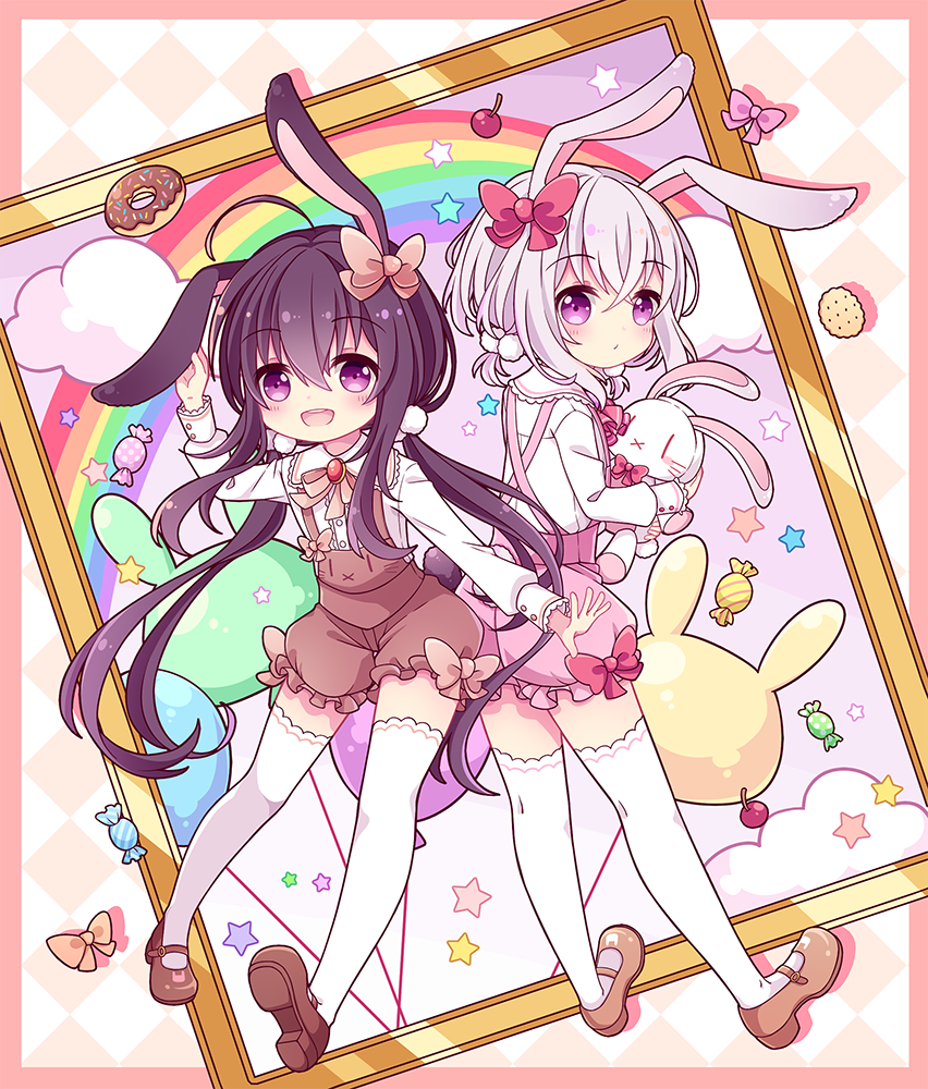 2boys, :d, ahoge, alternate_hairstyle, animal_ears, back-to-back, black_hair, bow