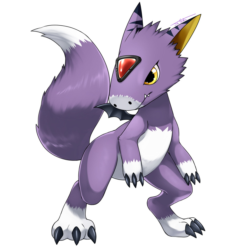 animal_ears, artist_name, bat_wings, digimon, dorumon, fang, highres, no_humans