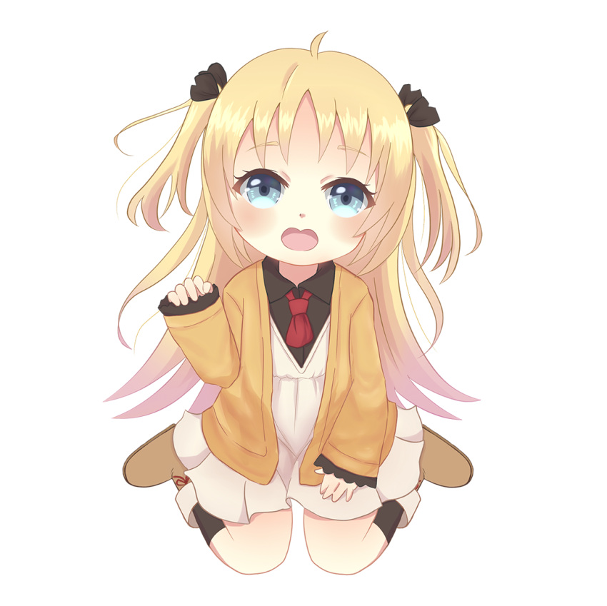 1girl, ahoge, ascot, bangs, black_legwear, black_ribbon, black_shirt, blonde_hair