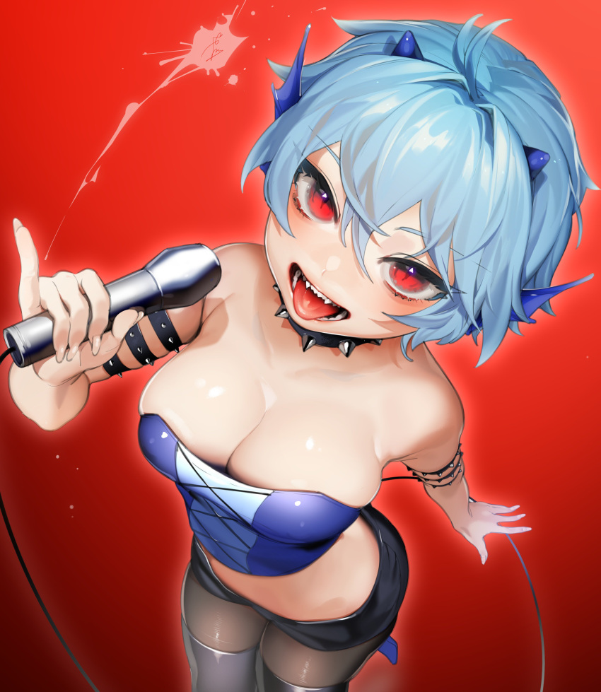 1girl, absurdres, ahoge, arm_at_side, arm_strap, bangs, bare_arms, bare_shoulders, black_footwear, black_shorts, blue_hair, boots, breasts, choker, cleavage, collarbone, cowboy_shot, fangs, fingernails, fins, fish_girl, from_above, hair_between_eyes, hand_up, head_fins, highres, holding, holding_microphone, large_breasts, long_fingernails, looking_at_viewer, looking_up, mermaid_melody_pichi_pichi_pitch, microphone, mimi_(mermaid_melody_pichi_pichi_pitch), monster_girl, music, ohisashiburi, pinky_out, red_background, red_eyes, short_hair, short_shorts, shorts, signature, simple_background, singing, skindentation, slit_pupils, solo, spiked_choker, spikes, standing, strapless, teeth, thigh-highs, thigh_boots, tongue, tongue_out, upper_teeth